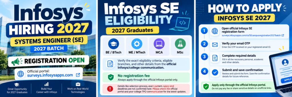 Infosys SE Hiring 2027 Batch Infographic - Eligibility, Registration, and Steps